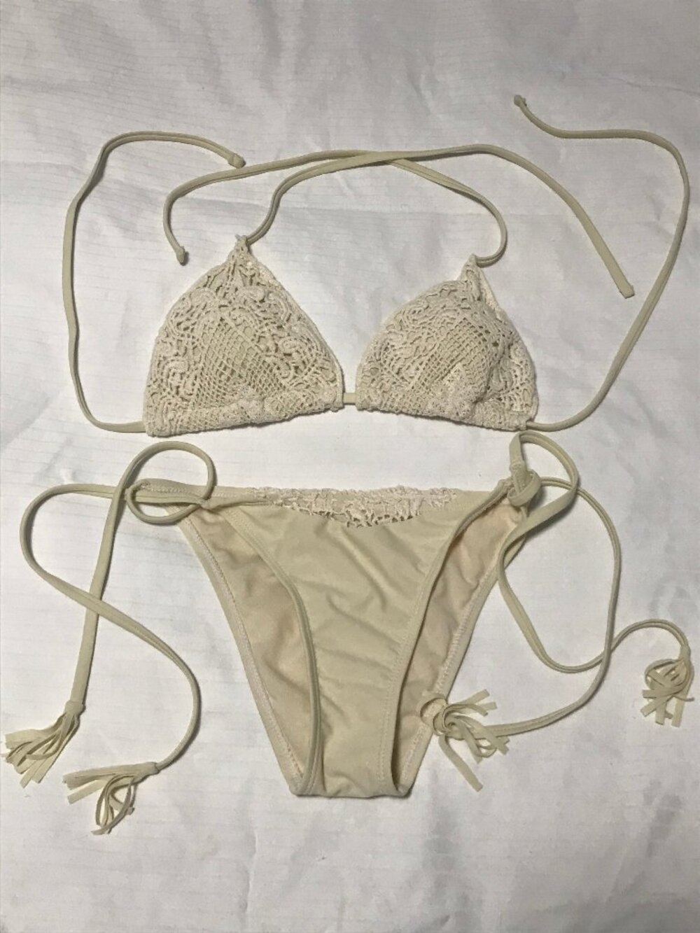 Ardene Boho Light Beige Cream Crochet Knit Bikini Top & Bottom XS SMALL